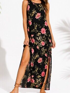 Vintage Jody California Black Floral Maxi Dress Cottagecore Boho Sleeveless USA